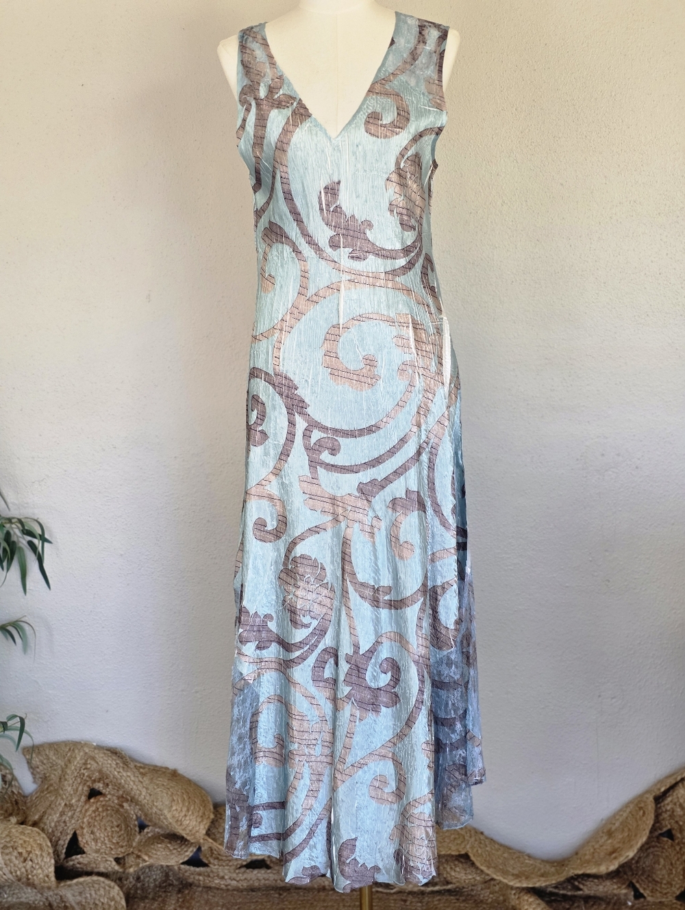 Komarov Crinkle Mesh Midi Dress Aqua Brown Scroll Print Sleeveless Large